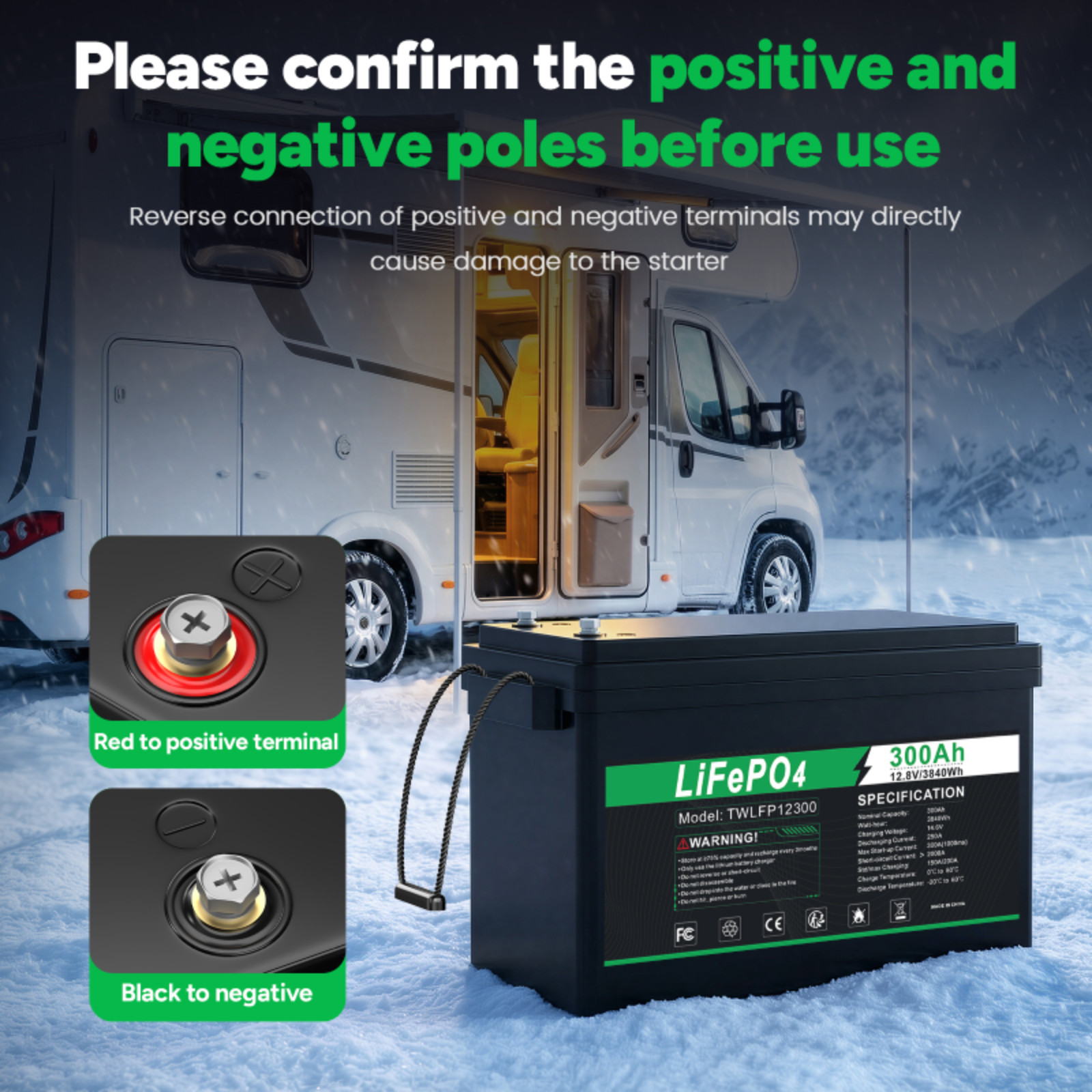 12V 300Ah LiFePO4 Lithium Battery Deep Cycle Built-in BMS for Solar RV Off-Grid