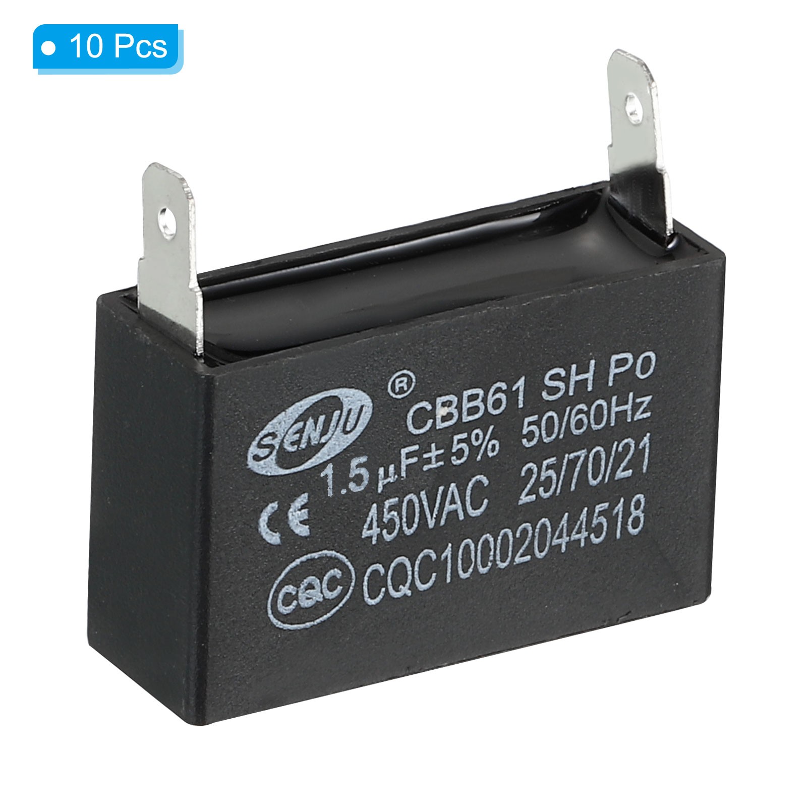 10Pcs CBB61 Ceiling Fan Capacitor 1.5uF 450V AC 50/60HZ with 2pins 35x23x22mm