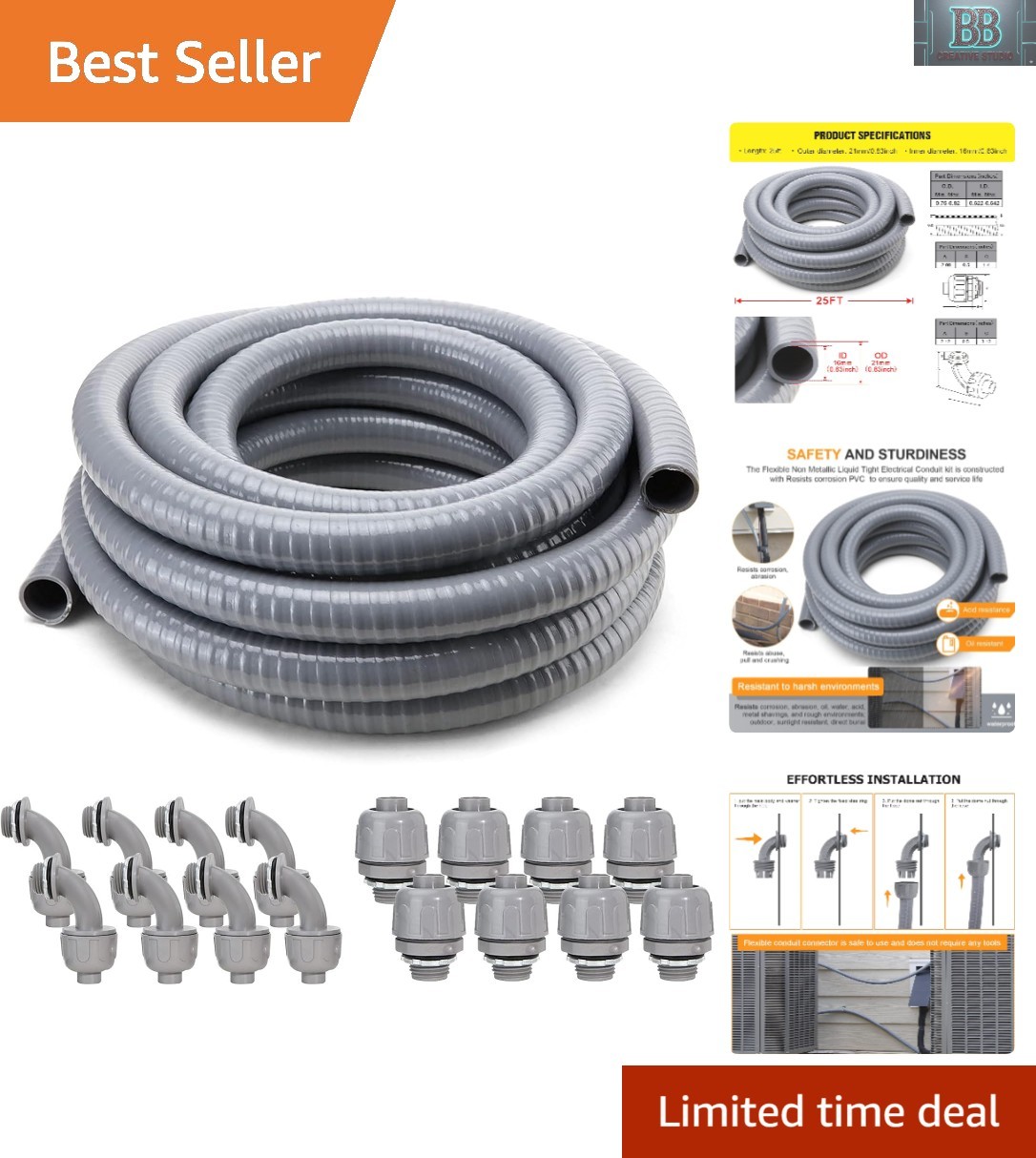 25ft Liquid-Tight Electrical Conduit Kit with 16 Connectors Included