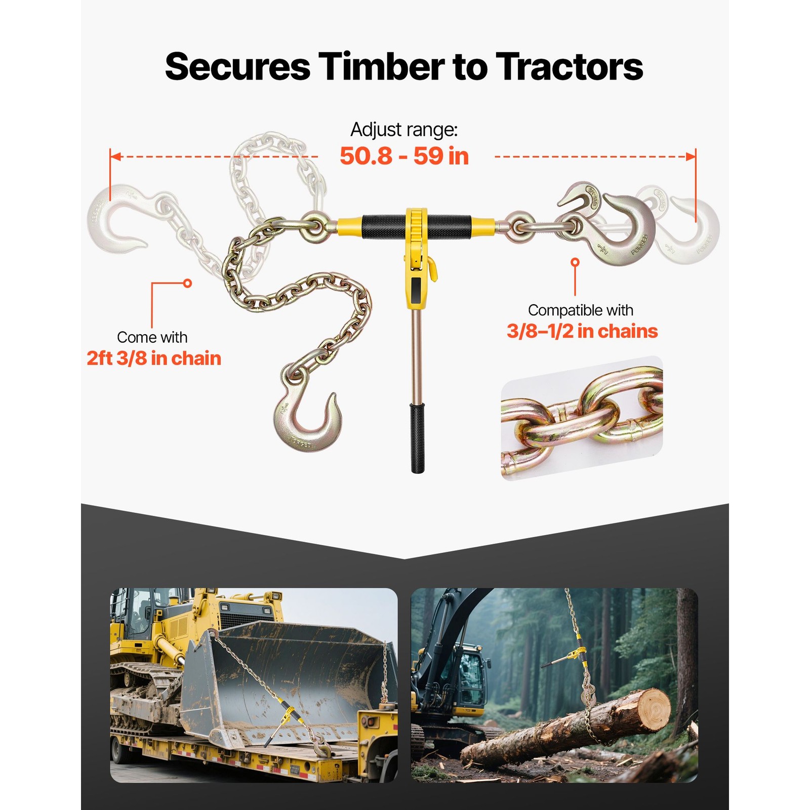 Heavy-Duty Ratchet Binder 9200lb, 16.3in Handle, Fits 3/8″ to 1/2″ Chains