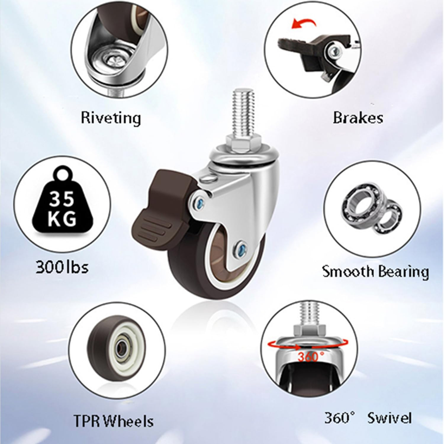 360° Swivel TPR Stem Casters with M6-1.0X15mm Thread and Brake, 2