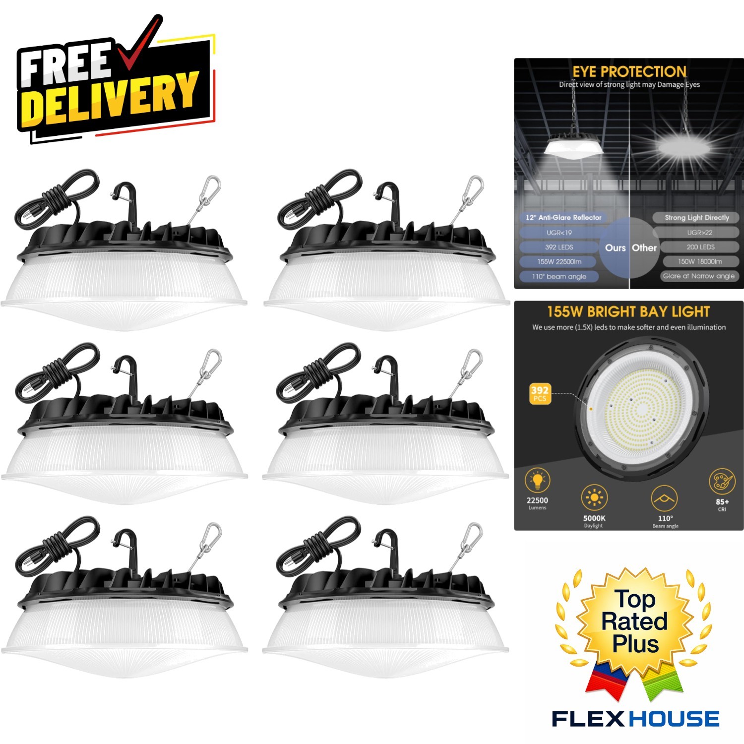 6 Pack Commercial 155W UFO LED High Bay Light, Super Bright 22,500lm, Waterproof