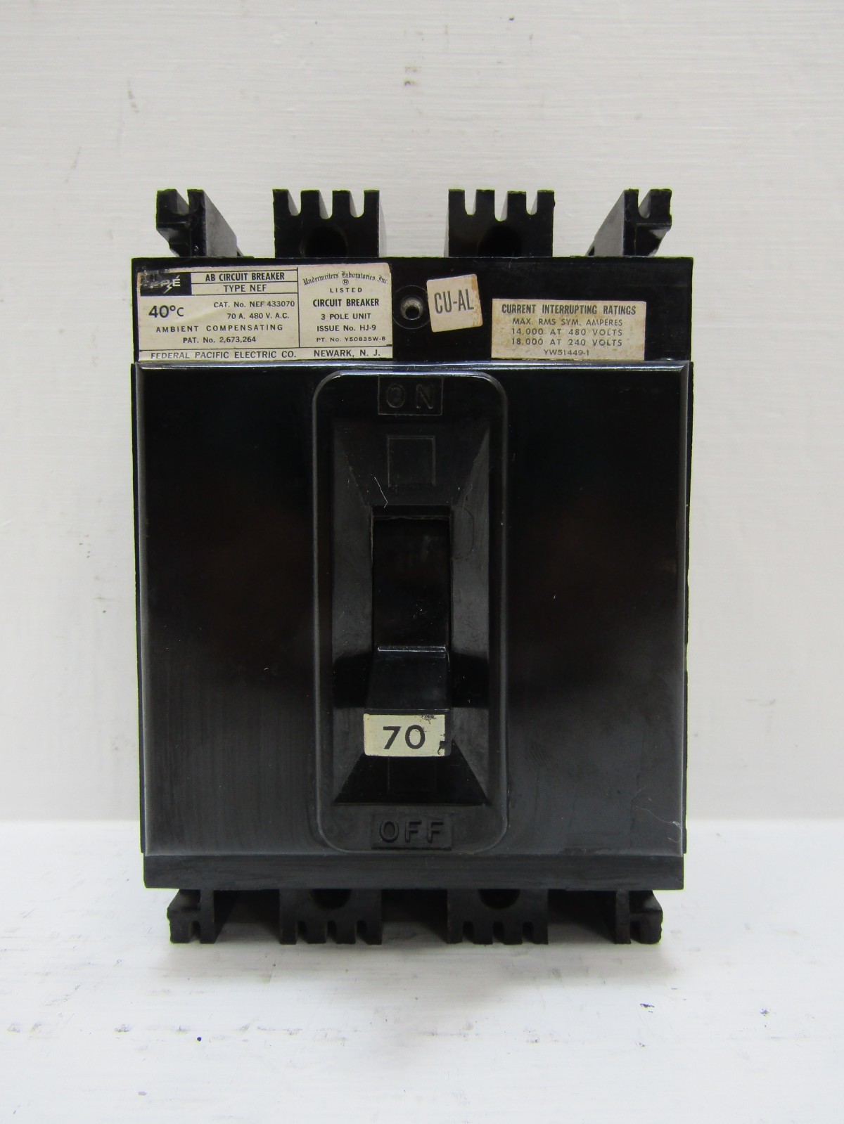 FPE Federal Pacific NEF433070 70 Amp 480V 3-Pole NEF AB Circuit Breaker 70A 3P