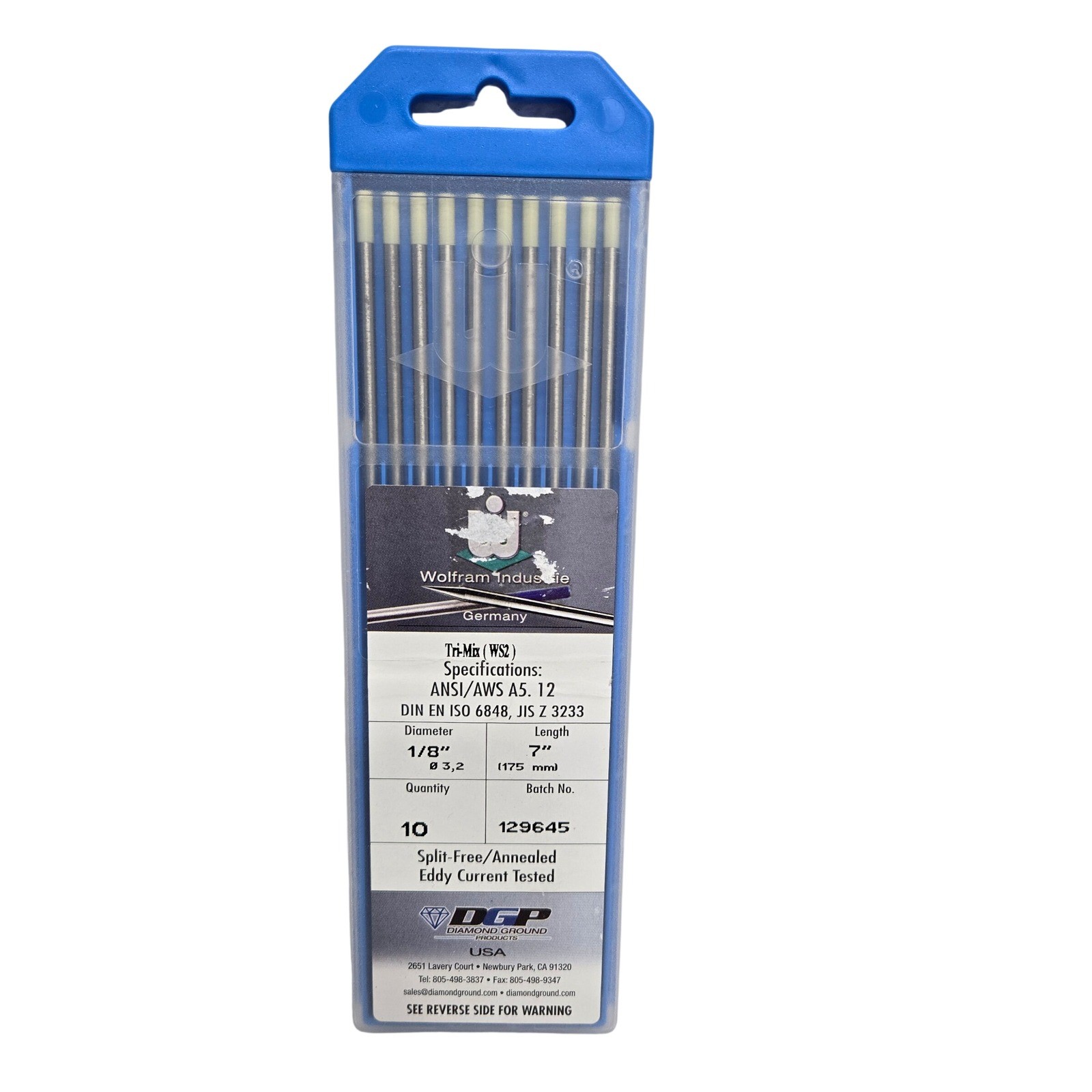 Wolfram Industrie Tri-Mix WS2 Tungsten Electrodes 1/8″ x 7″ 10pk Diamond Ground