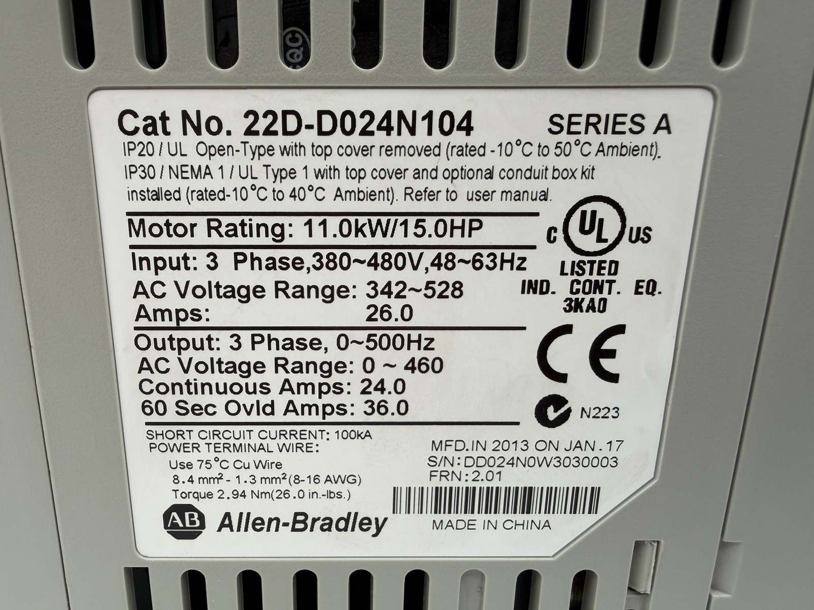 Allen Bradley 22D-D024N104 Power Flex 40P AC Drive 15HP 480V 3-Phase