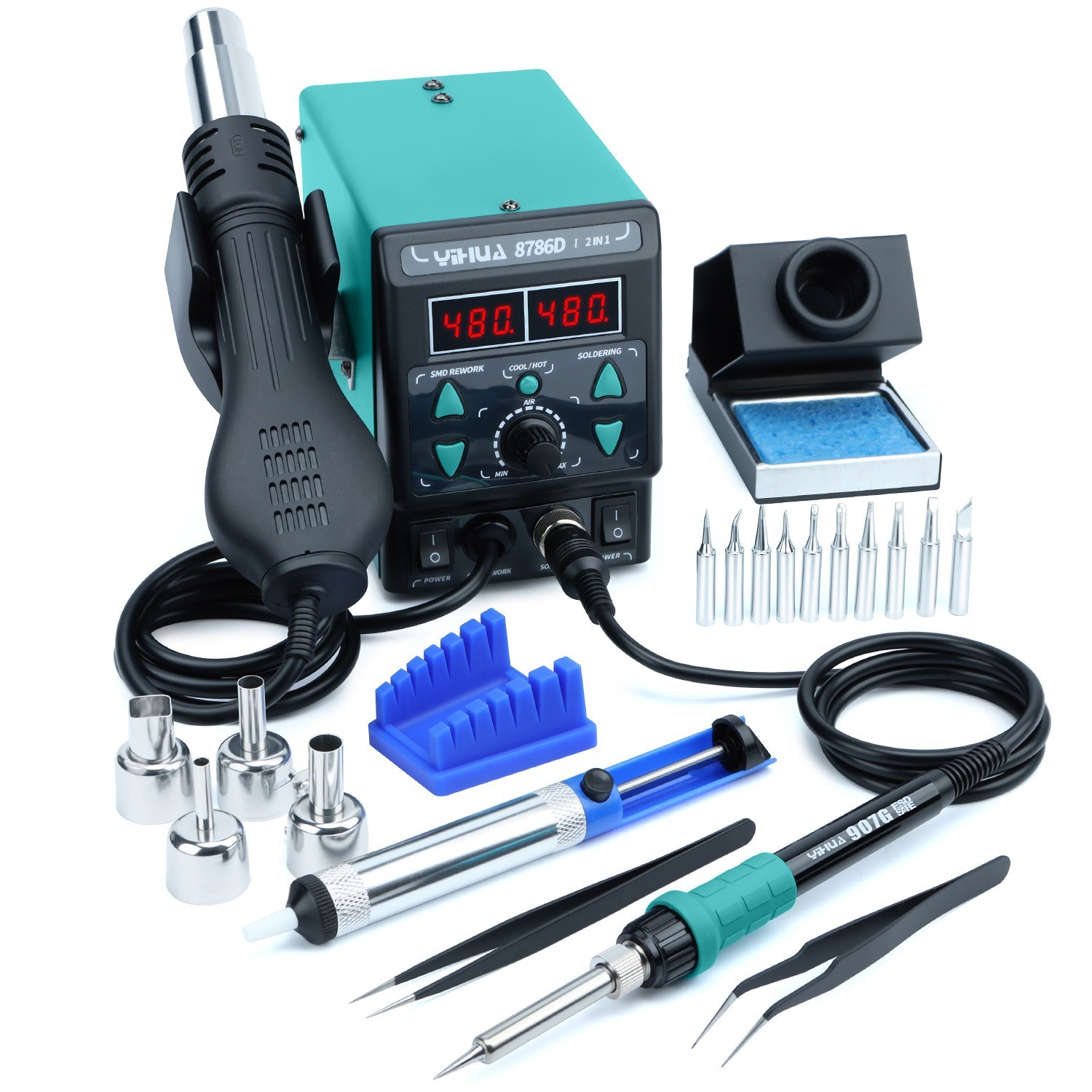 YIHUA 8786D-I Digital Hot Air Rework Station with Soldering Station Complete Kit