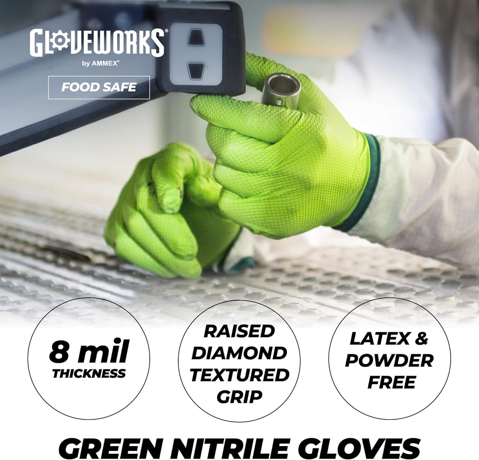 Gloveworks 8 mil Disposable HD Nitrile Gloves, Pack of 100, Medium, Green