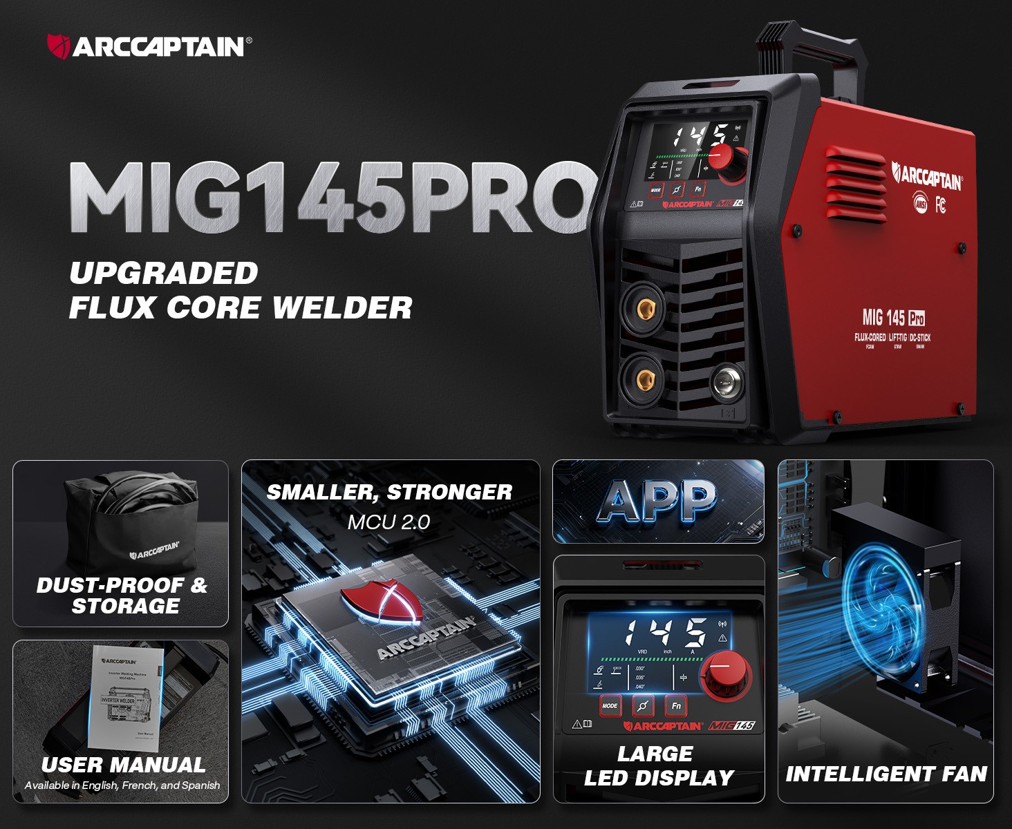 ARCCAPTAIN iControl MIG145 Pro 145A Flux Core MIG Welder 120V Welding Machine