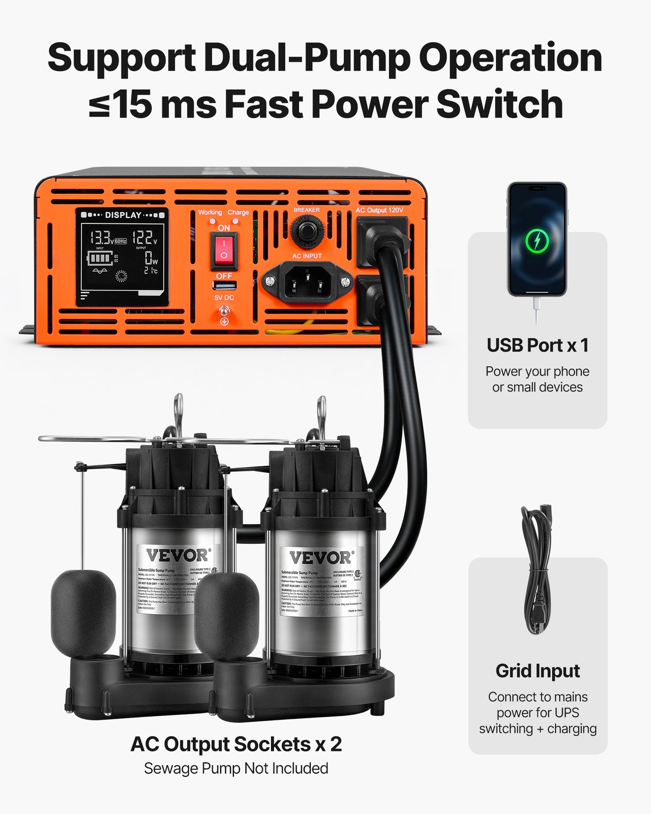 VEVOR 2500W Sump Pump Battery Backup System LCD Pure Sine Wave Power Inverter