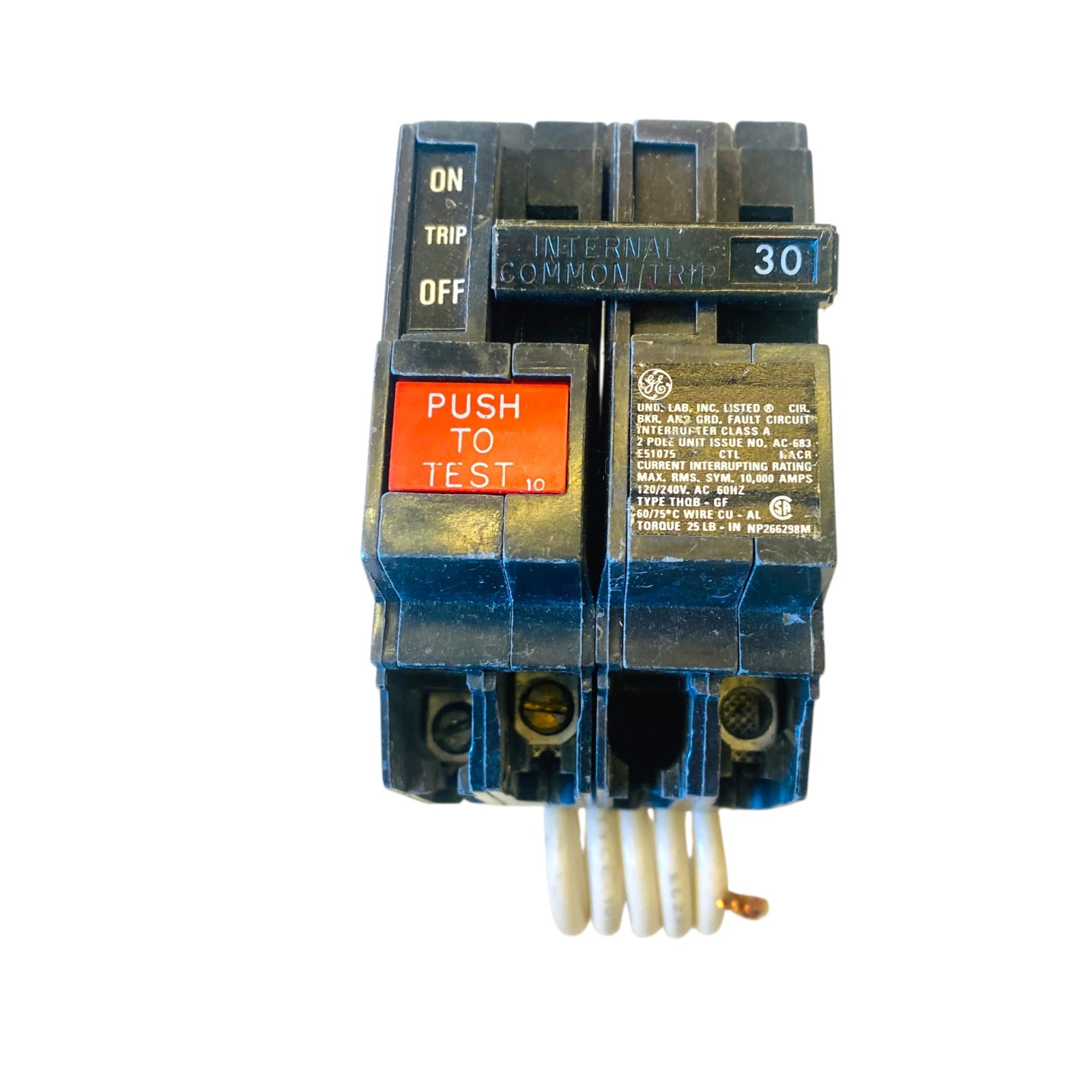 GE THQB2130GF Type THQB-GF 2-Pole 30A 120/240V 10kA Bolt-On GFCI Circuit Breaker