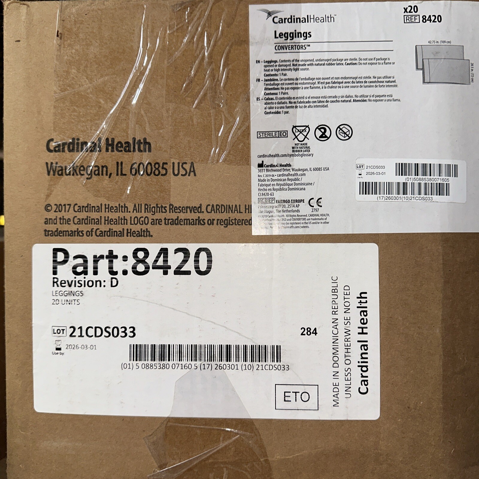 Cardinal Health Leggings #8420 Revision D, 20/Box, Individually Sealed, 2026/03.