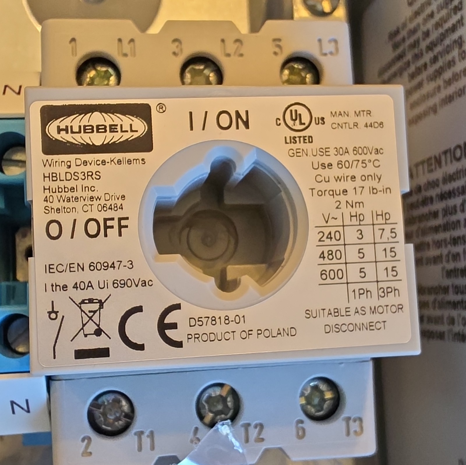Hubbell HBLDS30 Circuit-Lock Disconnect Switch 30A 600VAC 3P Lockable IP69K