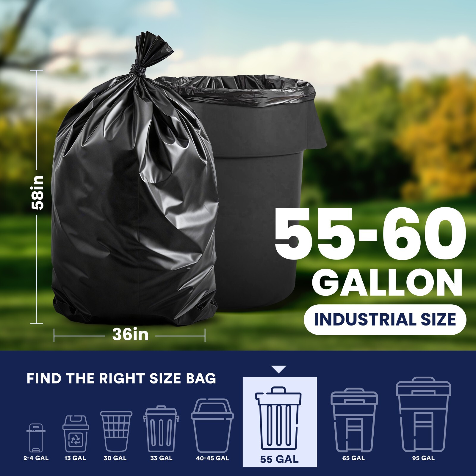 Plasticplace 55-60 Gallon Trash Bags – Black, Case of 50 Garbage Bags
