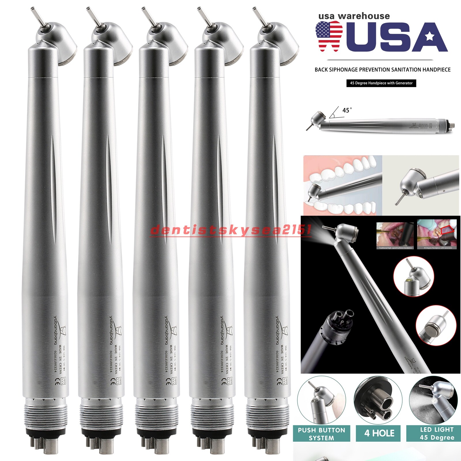 1/5Pc NSK Style Dental 45 Degree Surgical High Speed Handpiece Push Button 4Hole