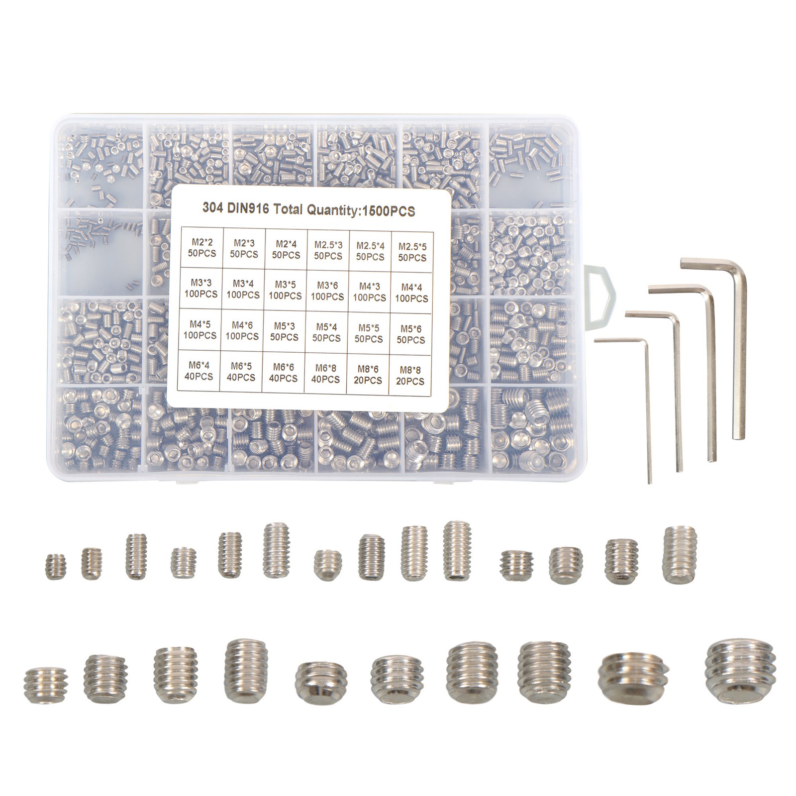 1500PCS Fully Threaded Hex Socket Set Screw Assortment Kit 304 Hex Socket Set