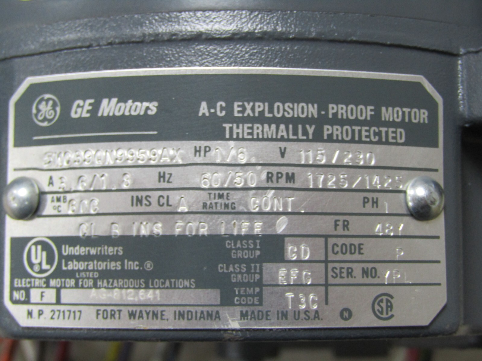 💥GE 1/6 HP EXPLOSION PROOF MOTOR 1725/1425 RPM 48Y FR 115/230V 5KC39QN9959AX