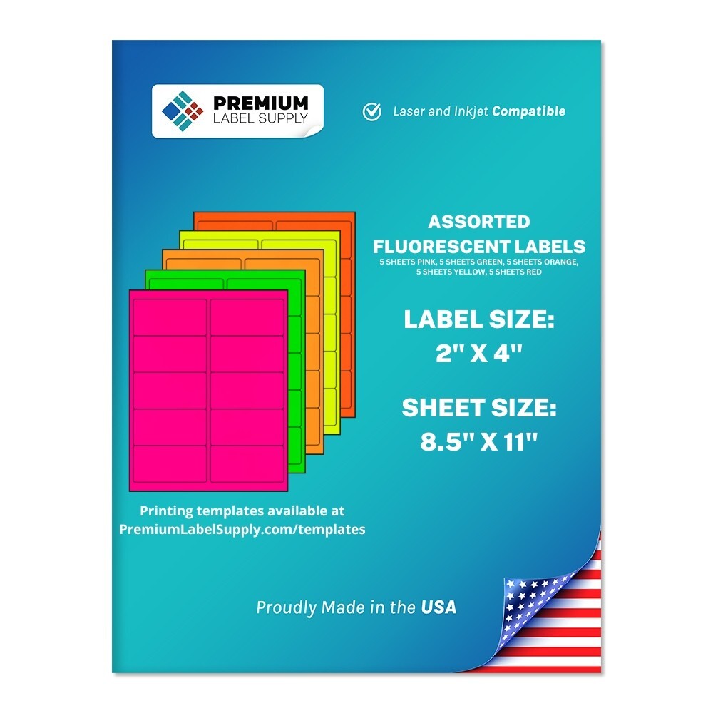 250 Assorted Fluorescent Color 2″ x 4″ Neon Address Labels 10 per sheet