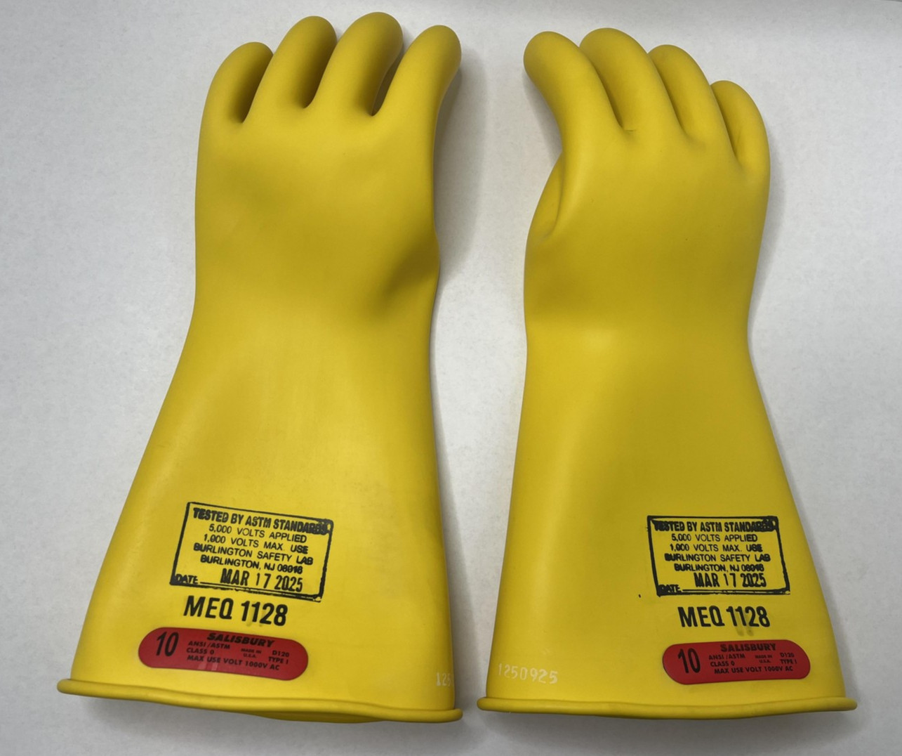 Salisbury Class 0 1000V AC Rubber Insulating Gloves Size 10 Yellow MEQ 1128