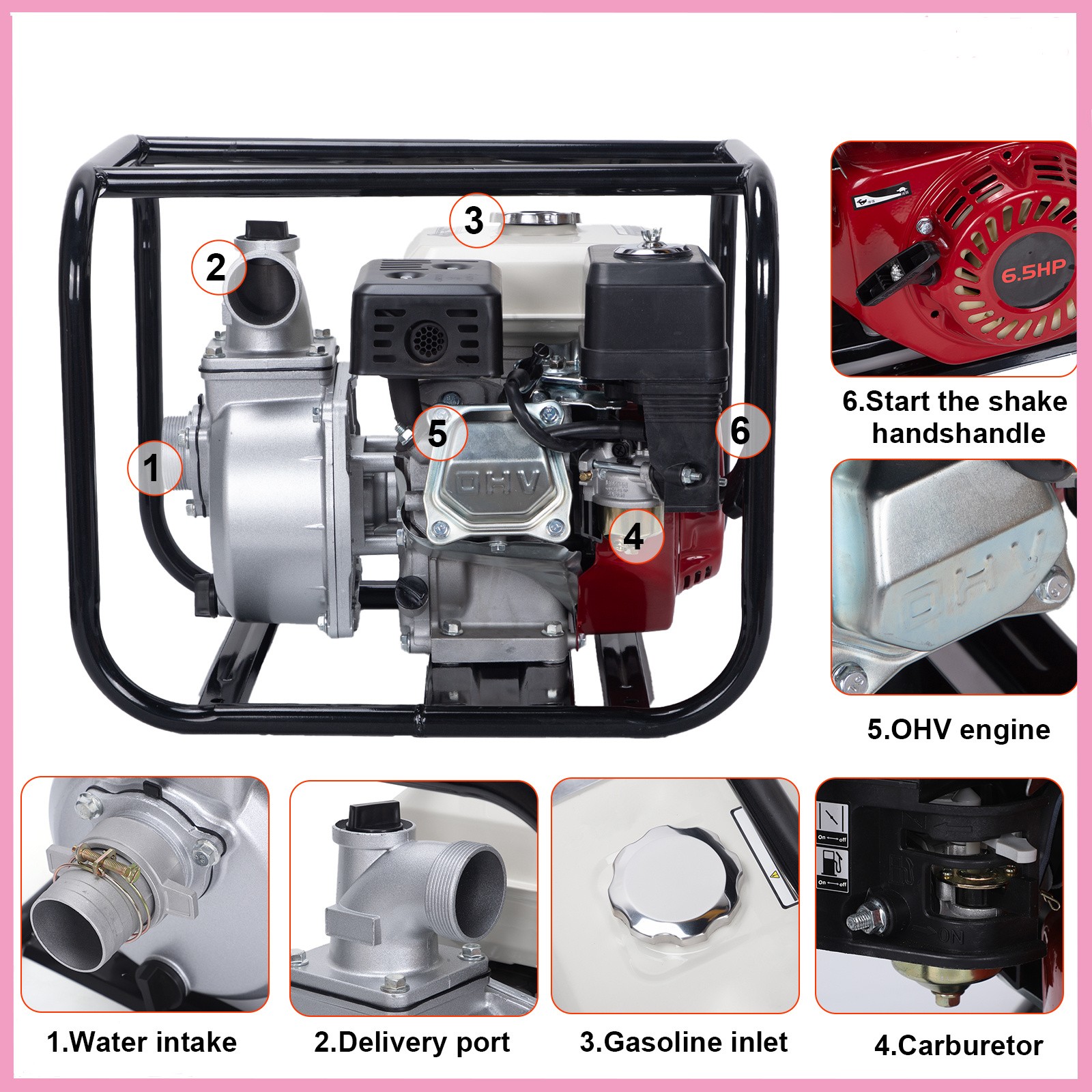 2″ 6.5 HP 4-Stroke Gasoline Semi-Trash Water Pump High-Pressure Transfer Pump