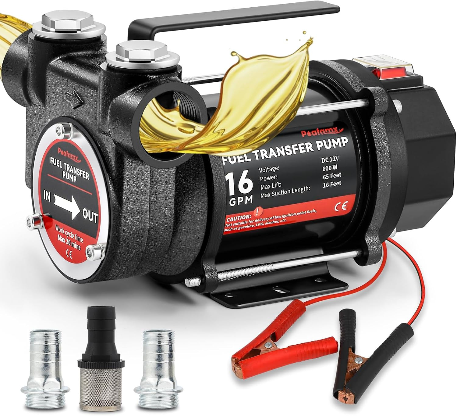 12V DC Fuel Transfer Pump, 16 GPM 600W Diesel Transfer Pump | Portable Self Prim