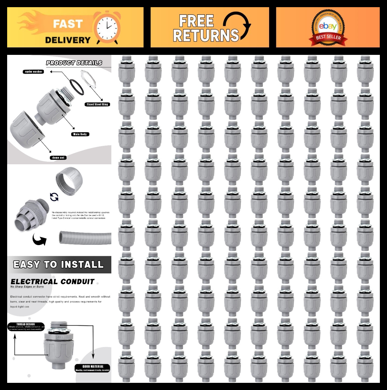 3/4″ Liquid Tight PVC Conduit Connectors, 180° Non-Metallic Fittings, 100 Pack