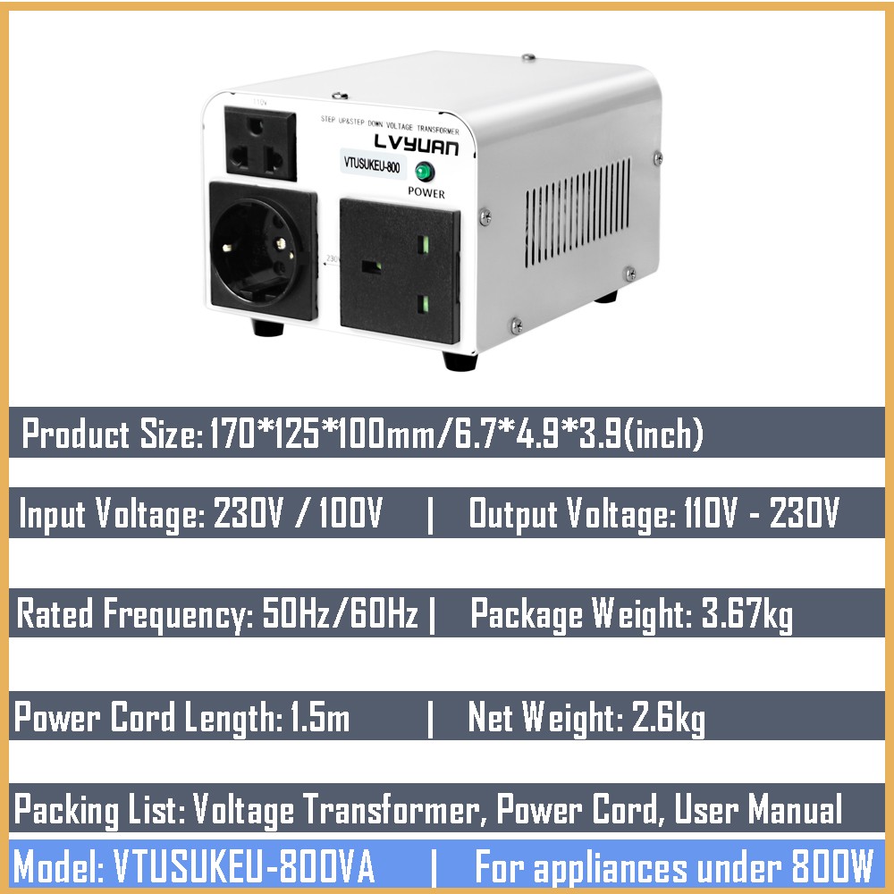 800W Voltage Transformer Converter 110V ⇄ 230V Step Up & Step Down White, Boat