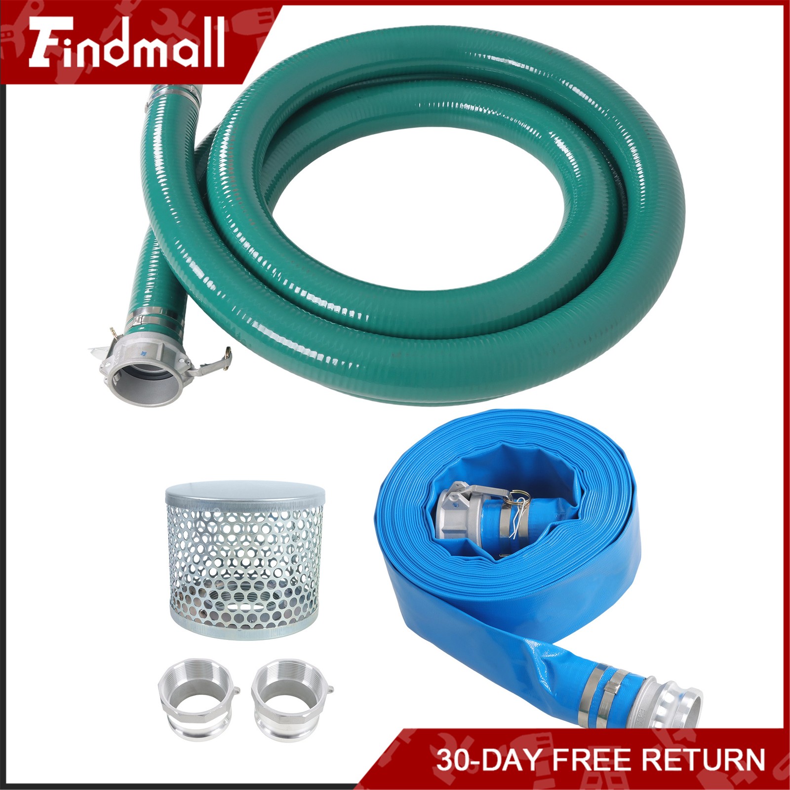 Findmall 3 inch Suction Hose Pump Kit Includes 65ft Blue Hose & 20ft Green Hose