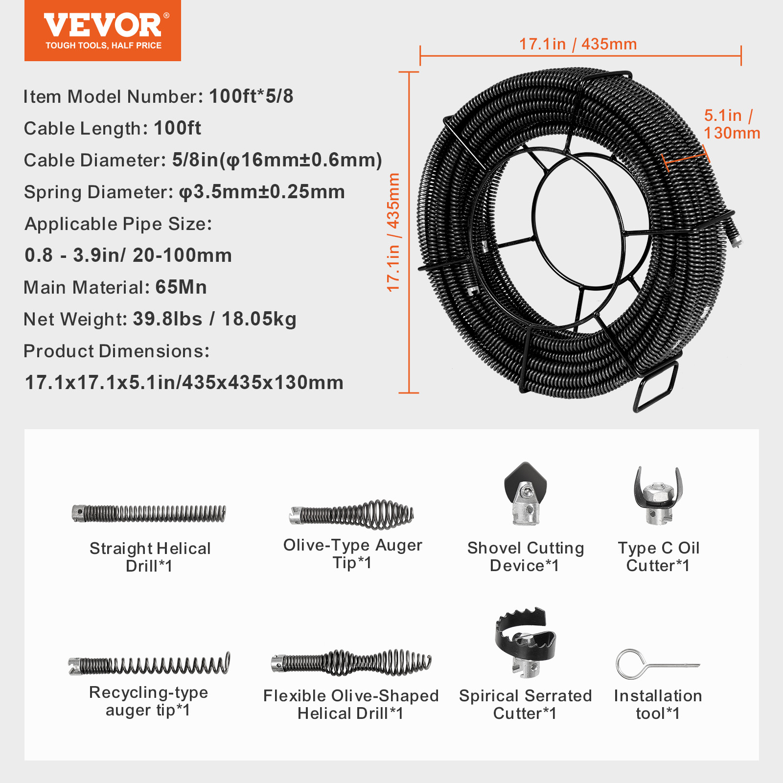 VEVOR Sectional Drain Cleaning Cable 100FTx5/8In & 7 Cutters for 0.8″-3.9″ Pipes
