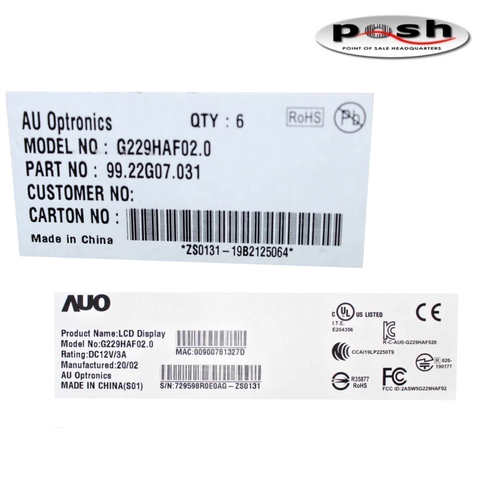 NEW AU Optronics 22″ LCD Screen Panel G229HAF02.0 – Six Units Per Box