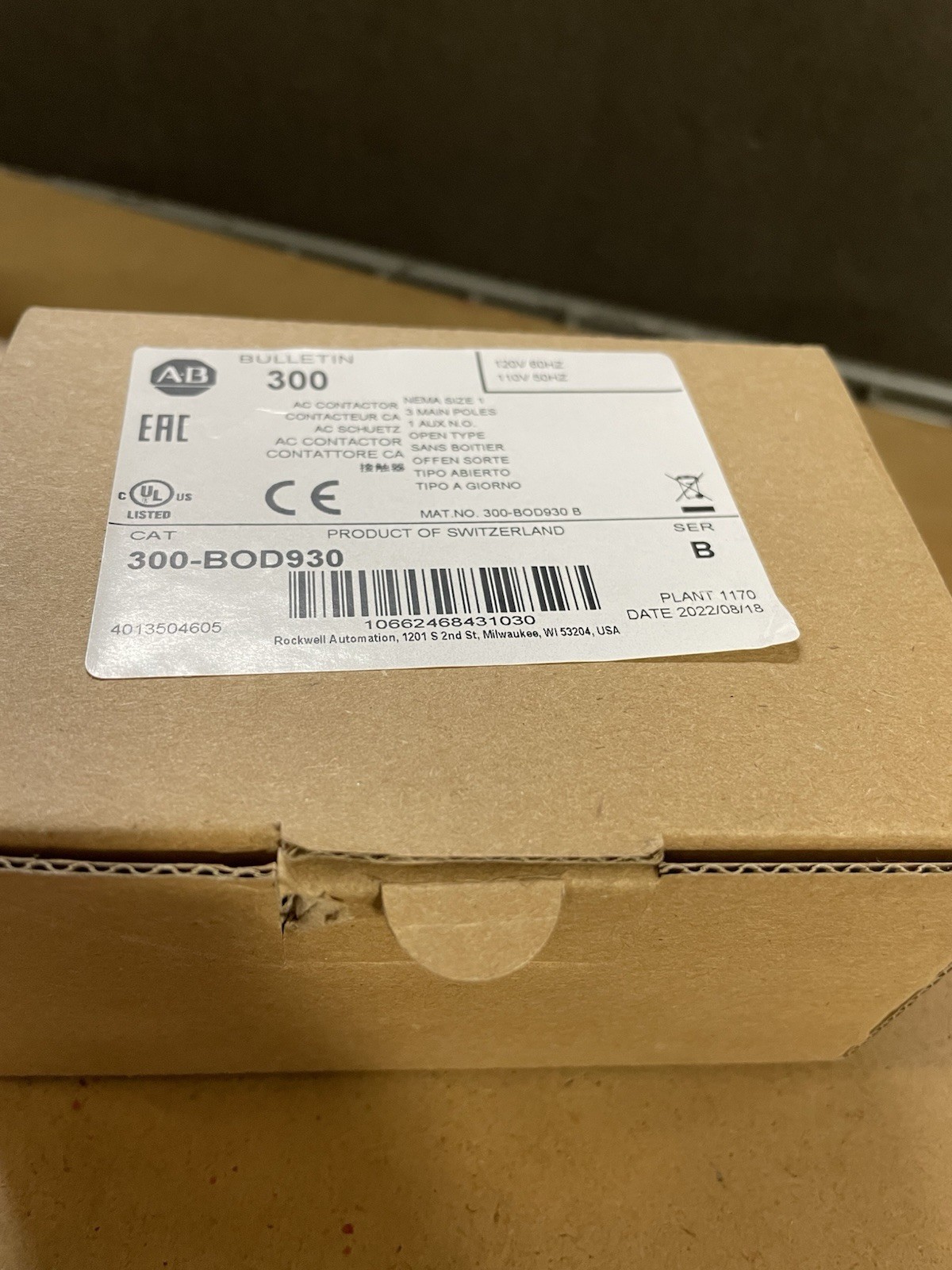 Allen Bradley 300-BOD930 Series B Contactor Size 1 New in Box 30 Amp 120 VAC