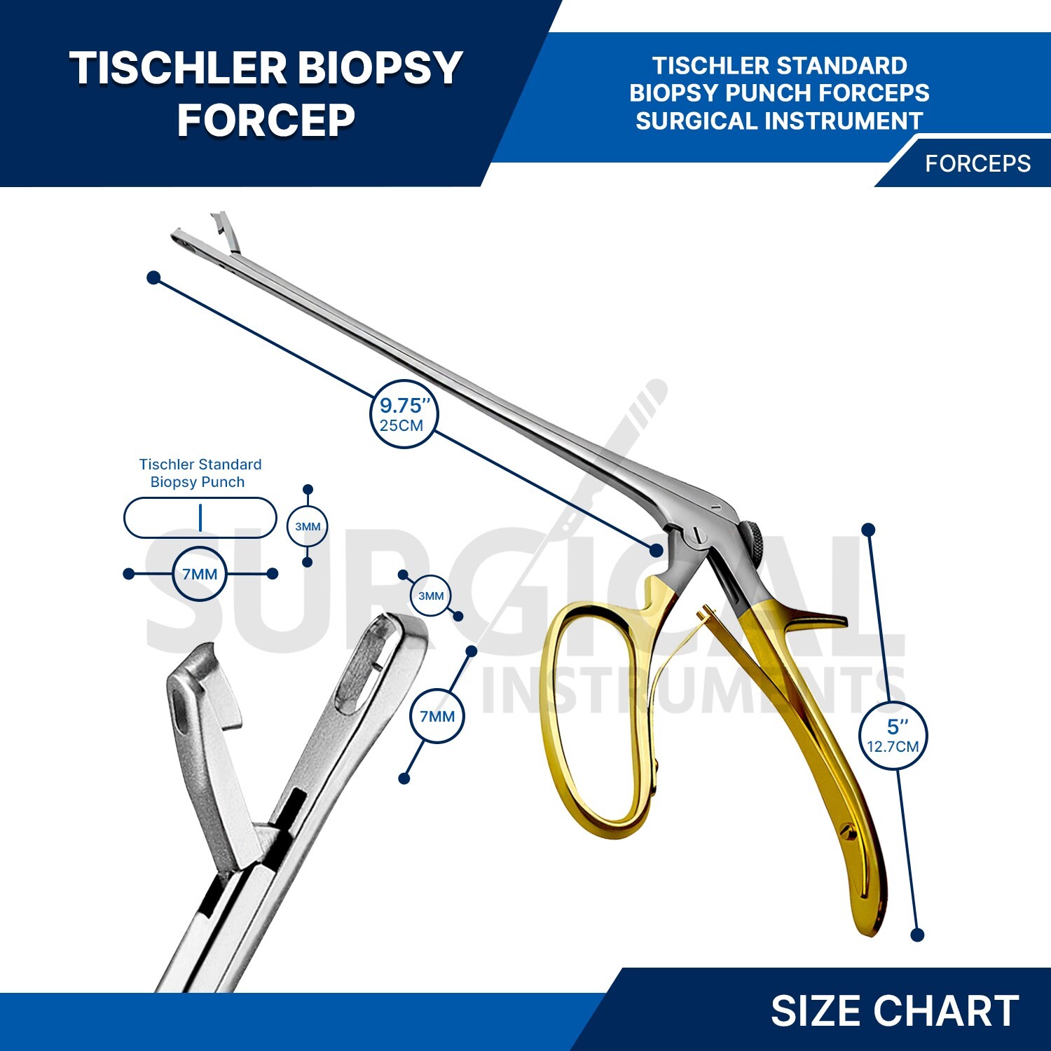 Tischler Standard Biopsy Punch 7x3mm Bite Single Wire Straight 25cm Gold Handle