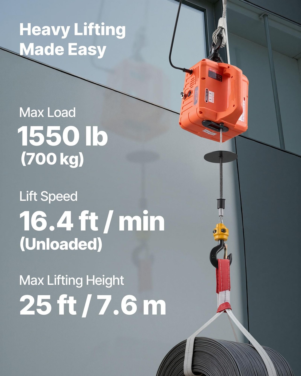 VEVOR 3-in-1 Electric Hoist Winch, 1550 lbs Capacity, 1500W Portable Power Wi…