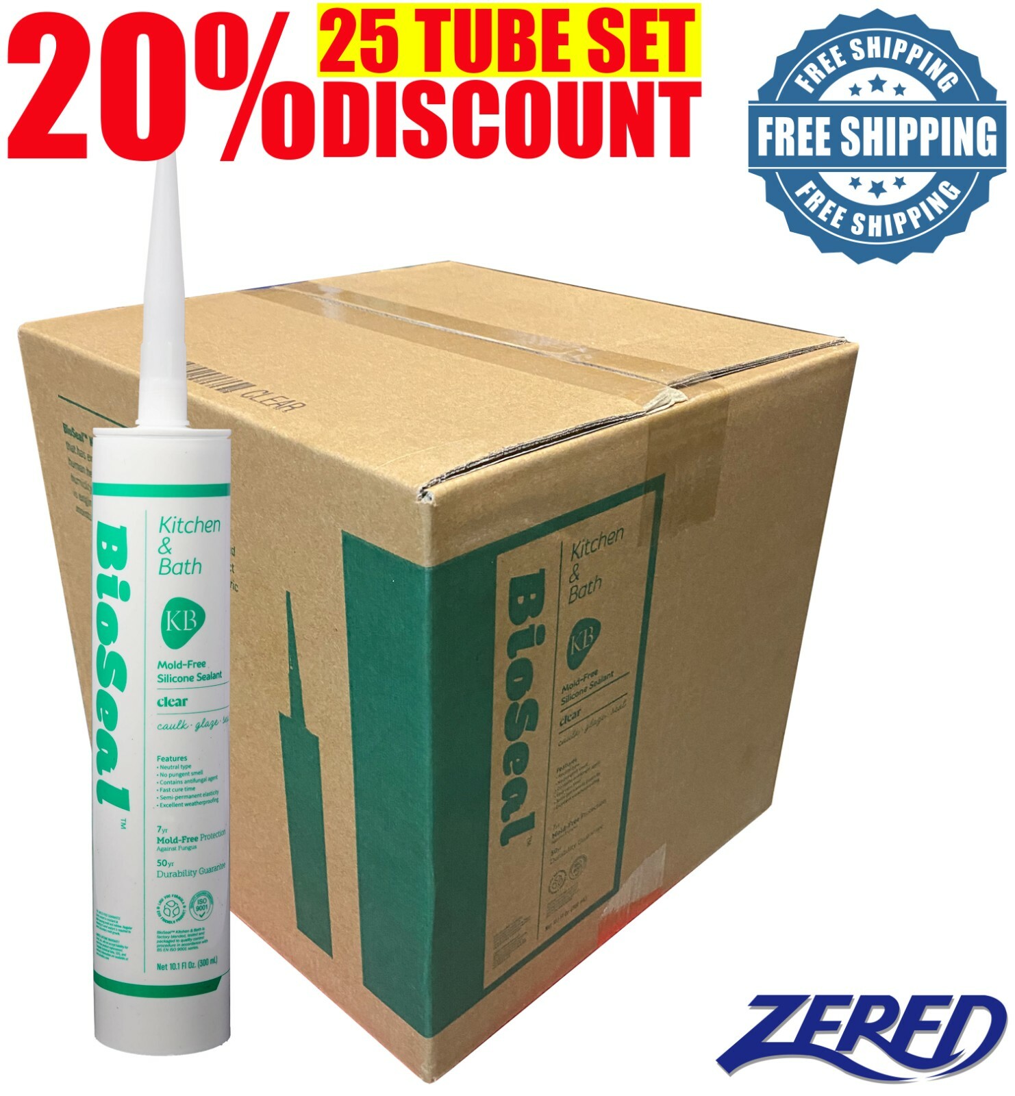 Mold Free BioSeal Silicone Caulk Sealant – Kitchen & Bath- 25 pcs/box -WHITE