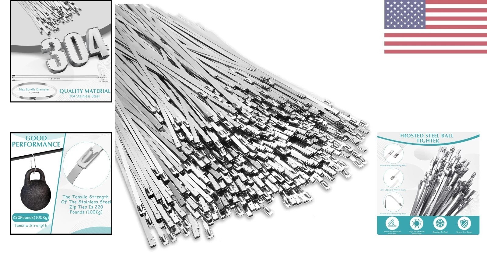 500 Pcs Heavy Duty 304 Stainless Steel Zip Ties, 220 lb Strength for Outdoor Use