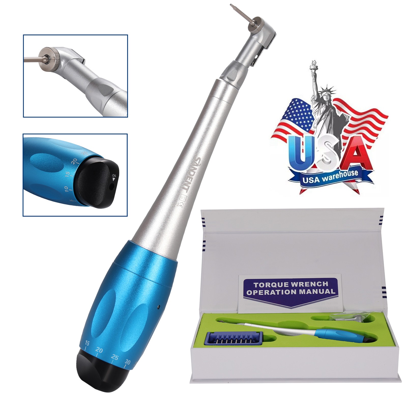 Dental Manual Implant Torque Wrench Handpiece with 16 Screw Drivers 2.35mm 2Head