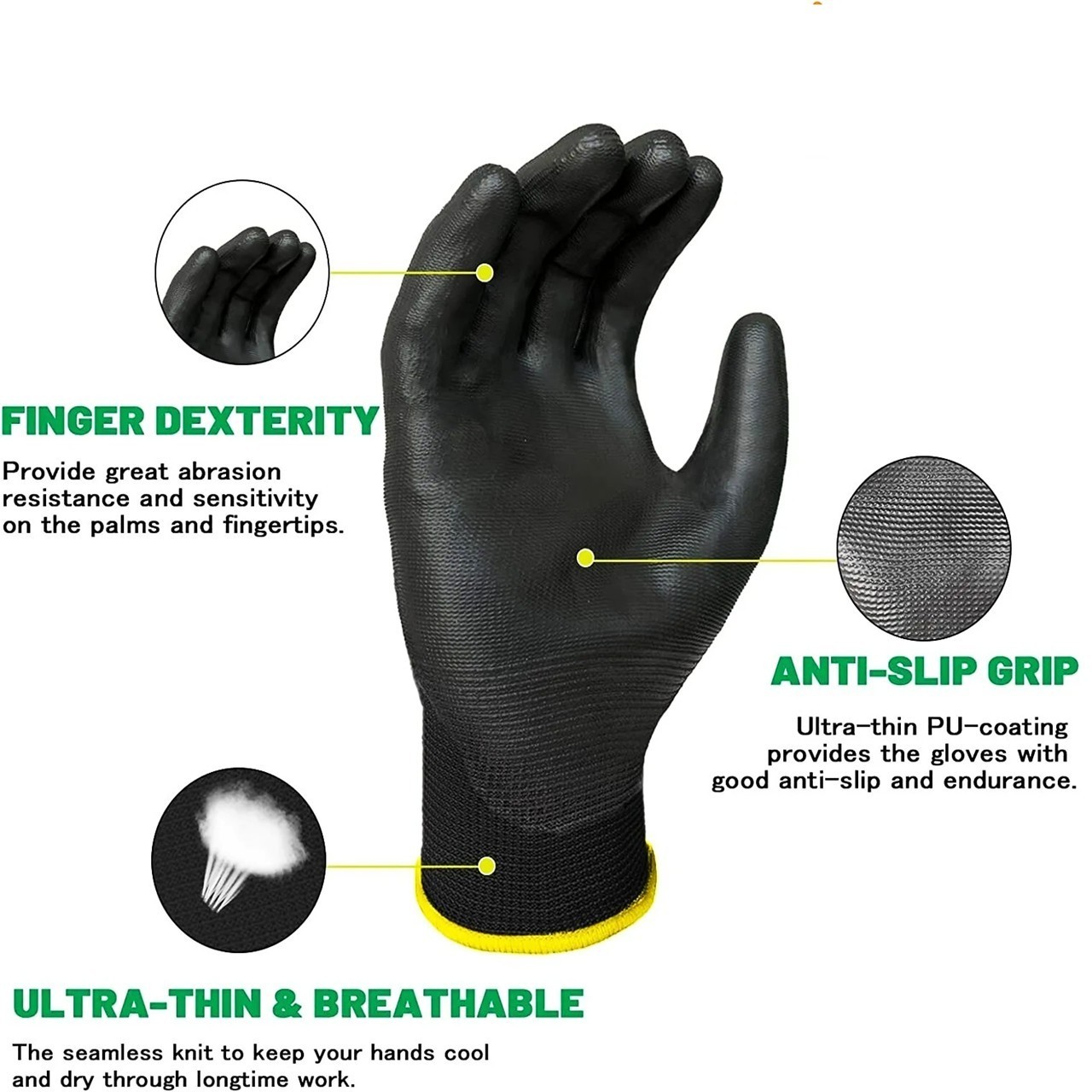 Ultra-Thin Black Work Gloves Polyurethane Palm Coated Nylon Shell 12 Pairs