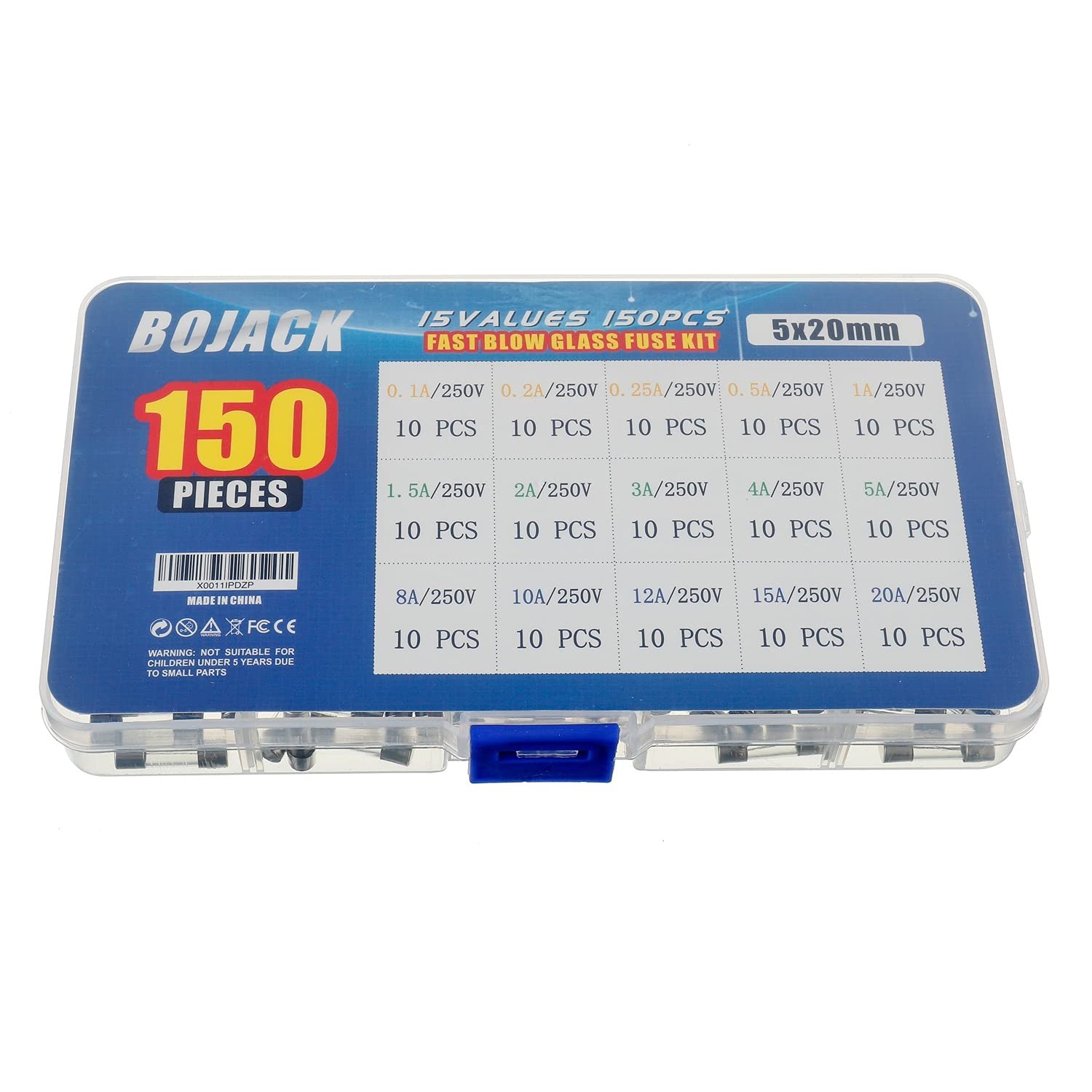 BOJACK 15 Values 150 pcs Fast Blow Glass Fuses Assortment Kit 5×20 mm 250 V 0.1