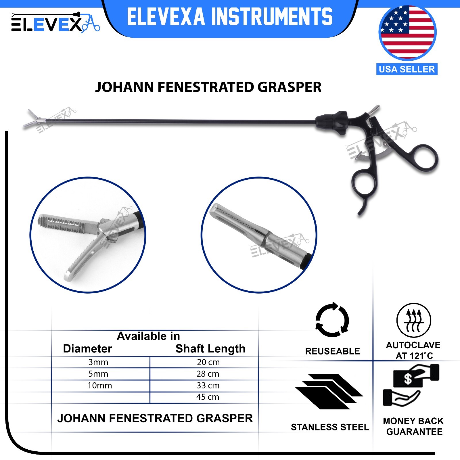 ELEVEXA Laparoscopic JOHANN Fenestration 5mm 33cm Johann Grasper Bariatric Yohan
