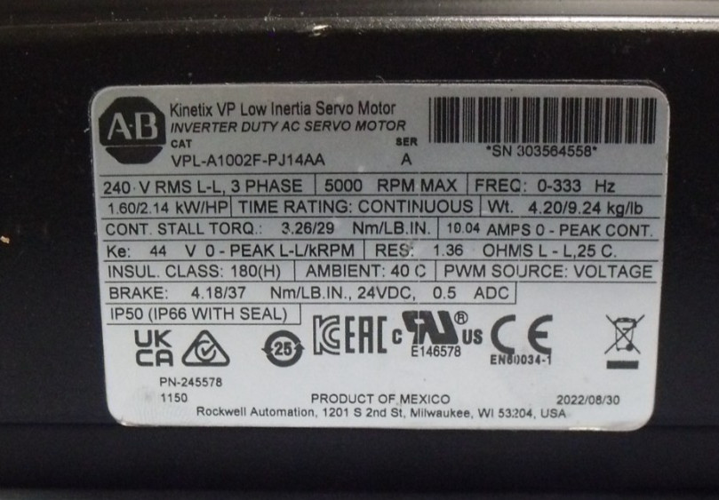 New Allen Bradley Kinetix VP Low inertia Servo Motor VPL-A1002F-PJ14AA