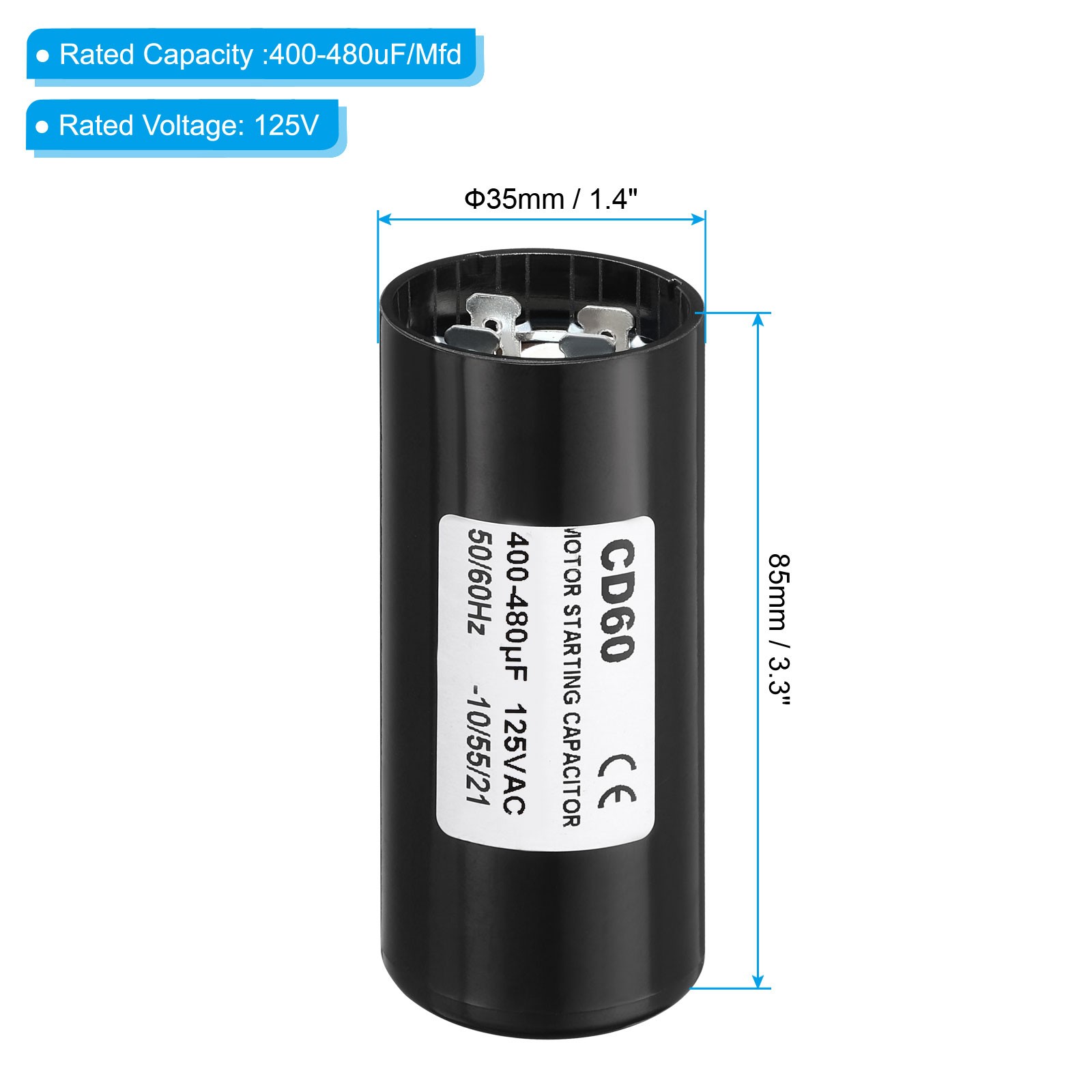 2pcs Motor Start Capacitor 400-480uF/Mfd 125V 50/60Hz for ELECTRIC MOTOR RUNNING