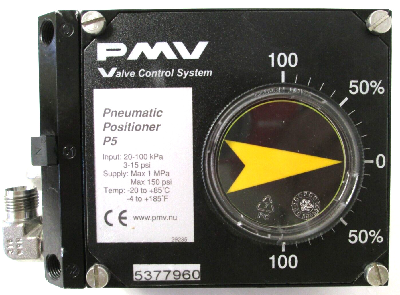 PMV VALVE CONTROL SYSTEMS, DOUBLE ACTING, PNEUMATIC POSITIONER P5, SURPLUS