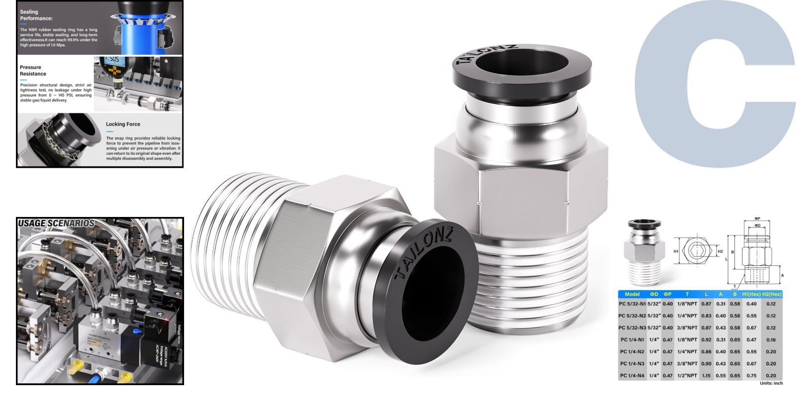 10 Male Straight Push Connect Fittings – 1/4″ OD & NPT – Copper/Plastic