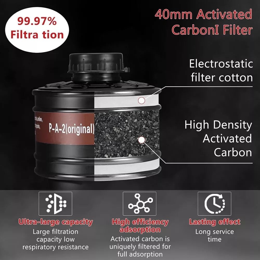 Full Face Respirator Gas Mask w/ Filters -2PCS 40mm Activated Carbon Filter 6800