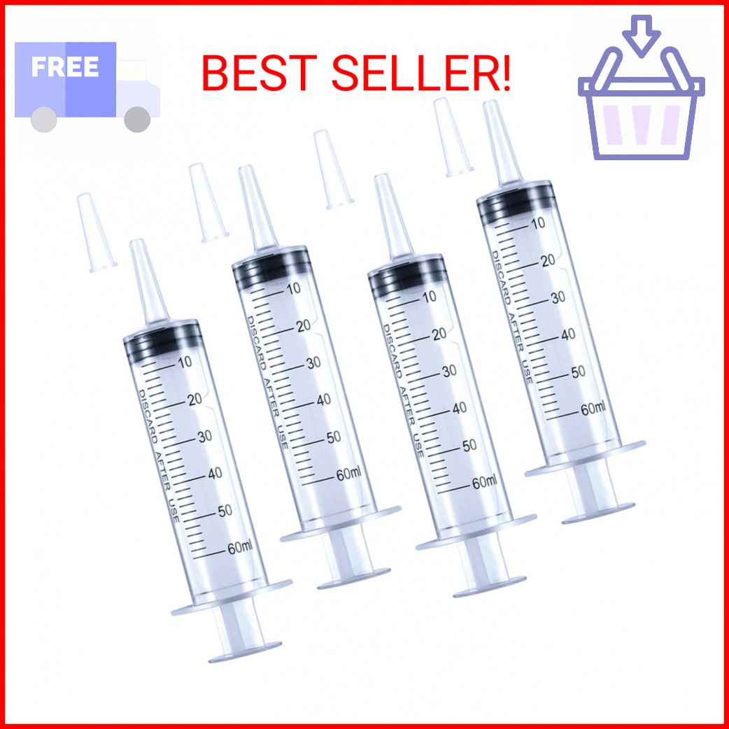 4 Pack 60mL Large Syringe for Liquid with Tip Cap, Plastic Liquid Syringes Indiv