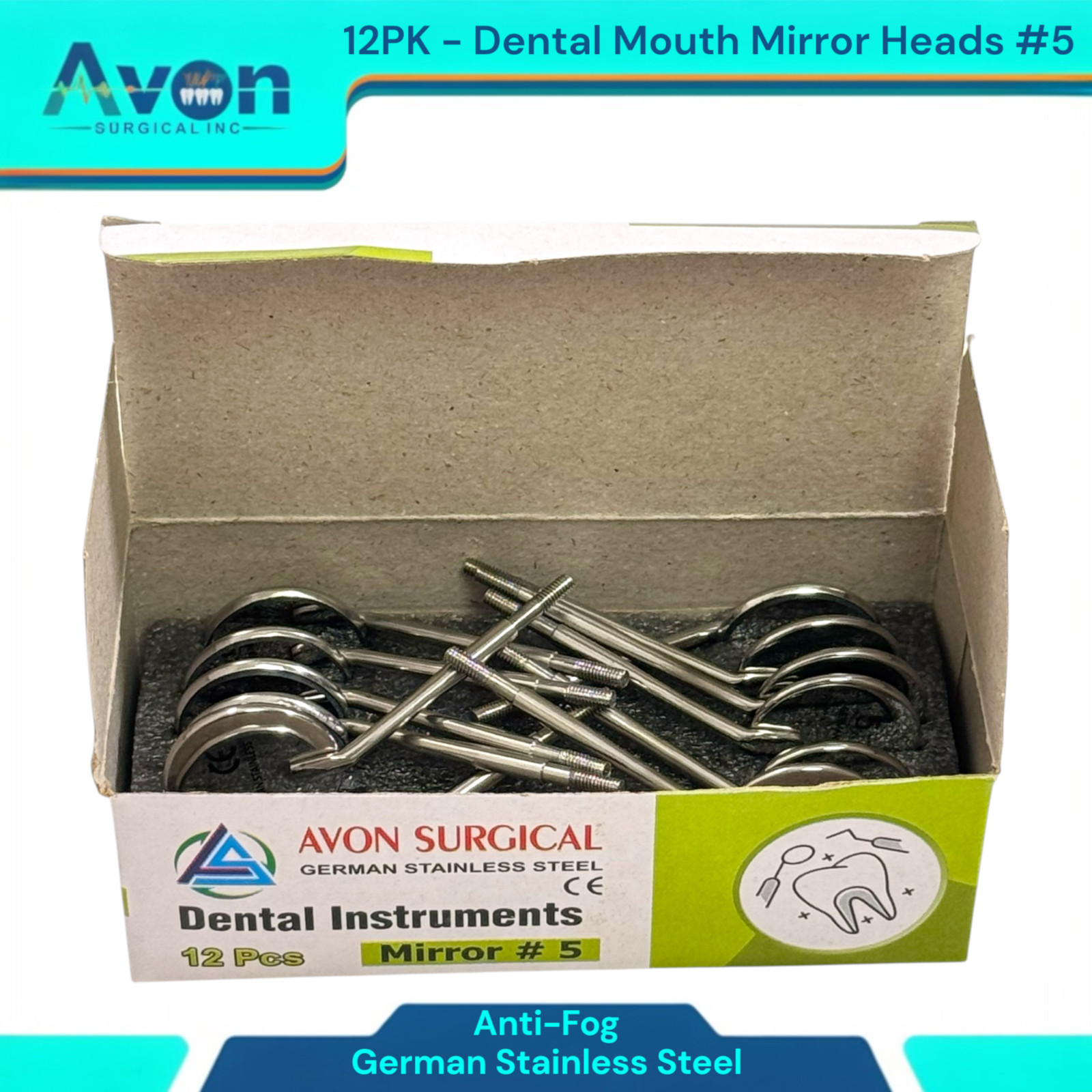 Dental Mouth Mirror Heads #5, Anti-Fog, Cone Socket | Stainless Steel (12PK)