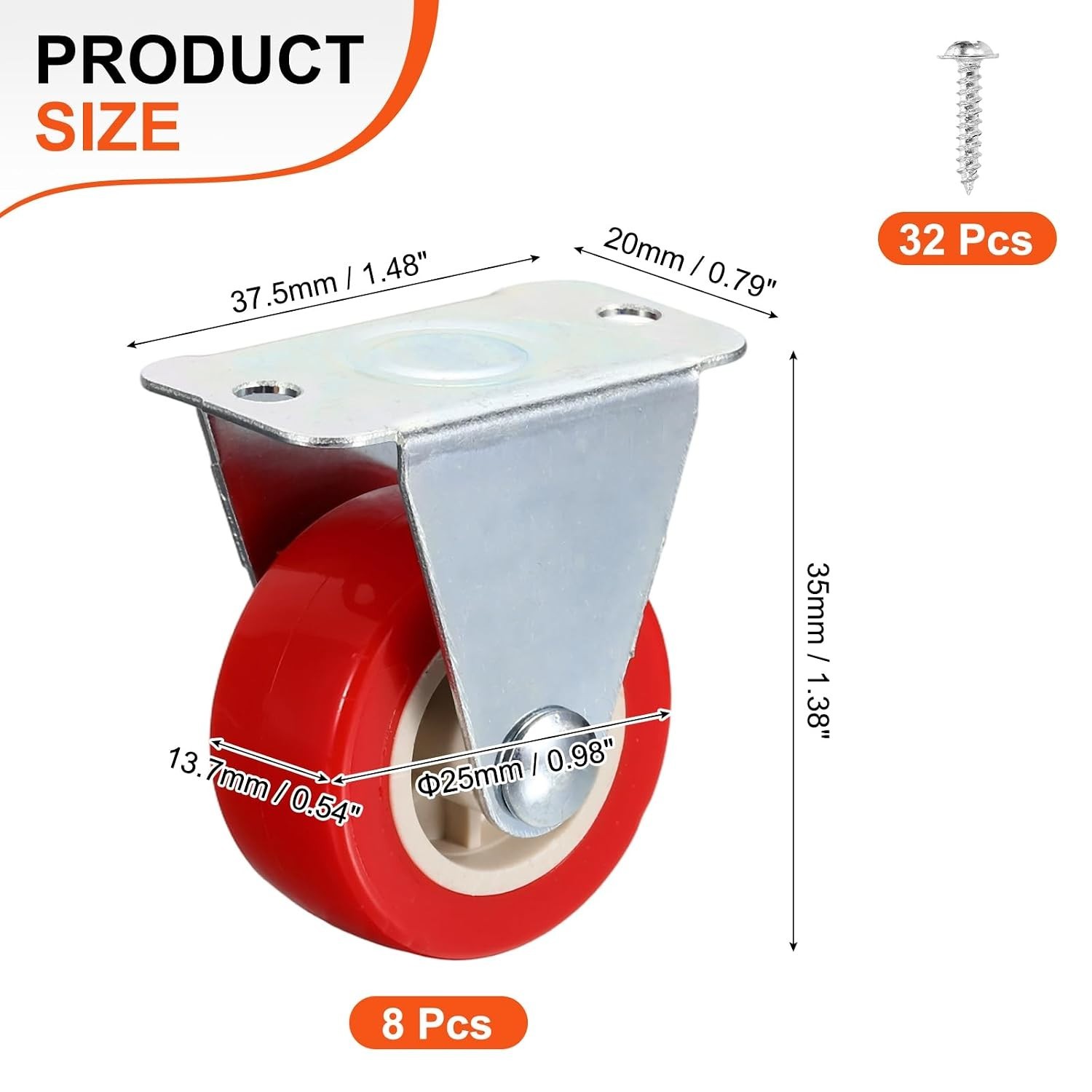 1 Inch PVC Caster Wheels Red Non-Swivel for DIY Projects and Furniture