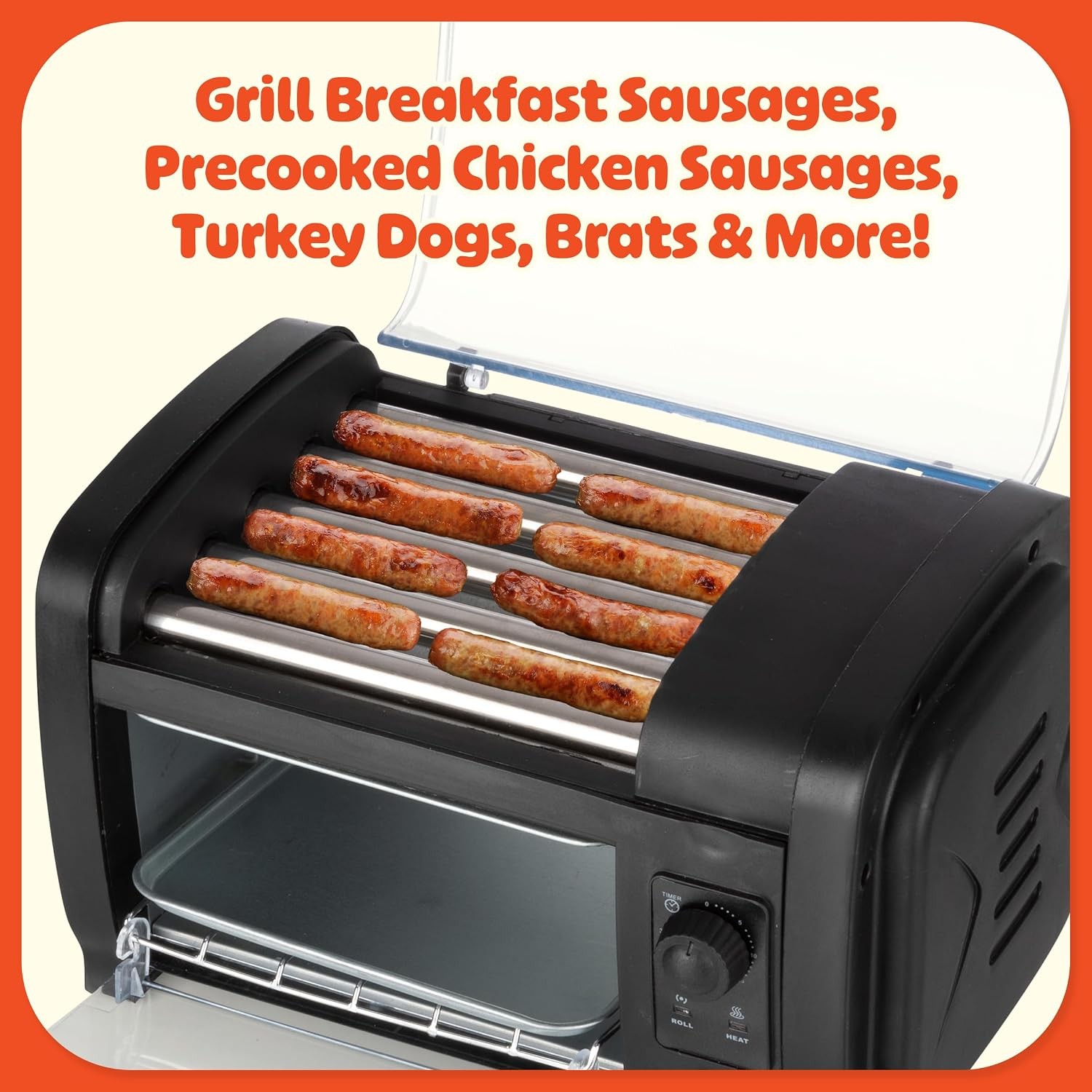 Premium hot dog roller with bun warmer, compact countertop design