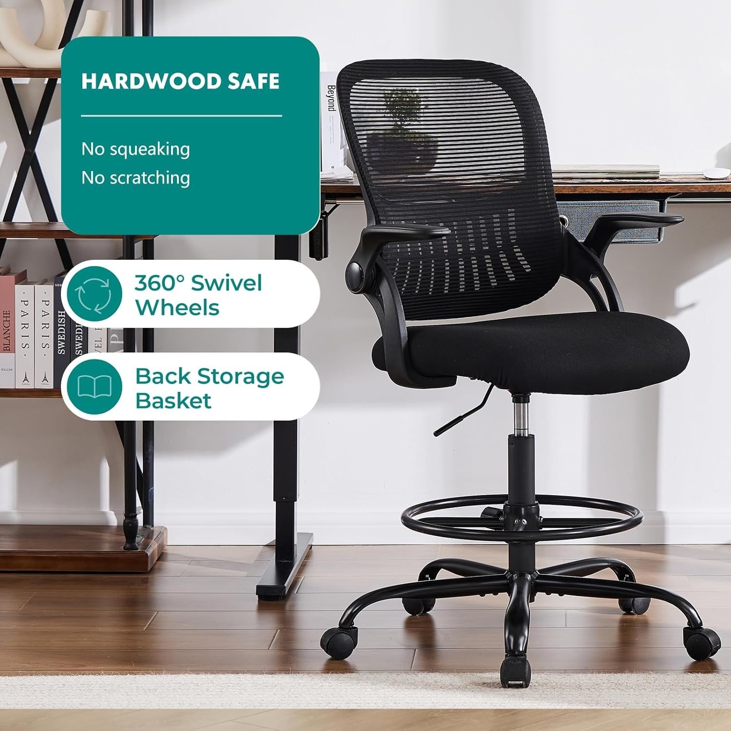 Drafting Chair for Standing Desk, , Flip-up Arms, Ergonomic Mid Back Mesh Rol…