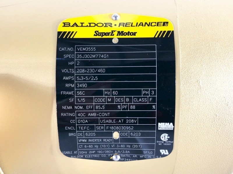 Baldor Reliance VEM3555 Super-E Motor 2HP 208-230/460V 3PH 3490RPM 56C TEFC