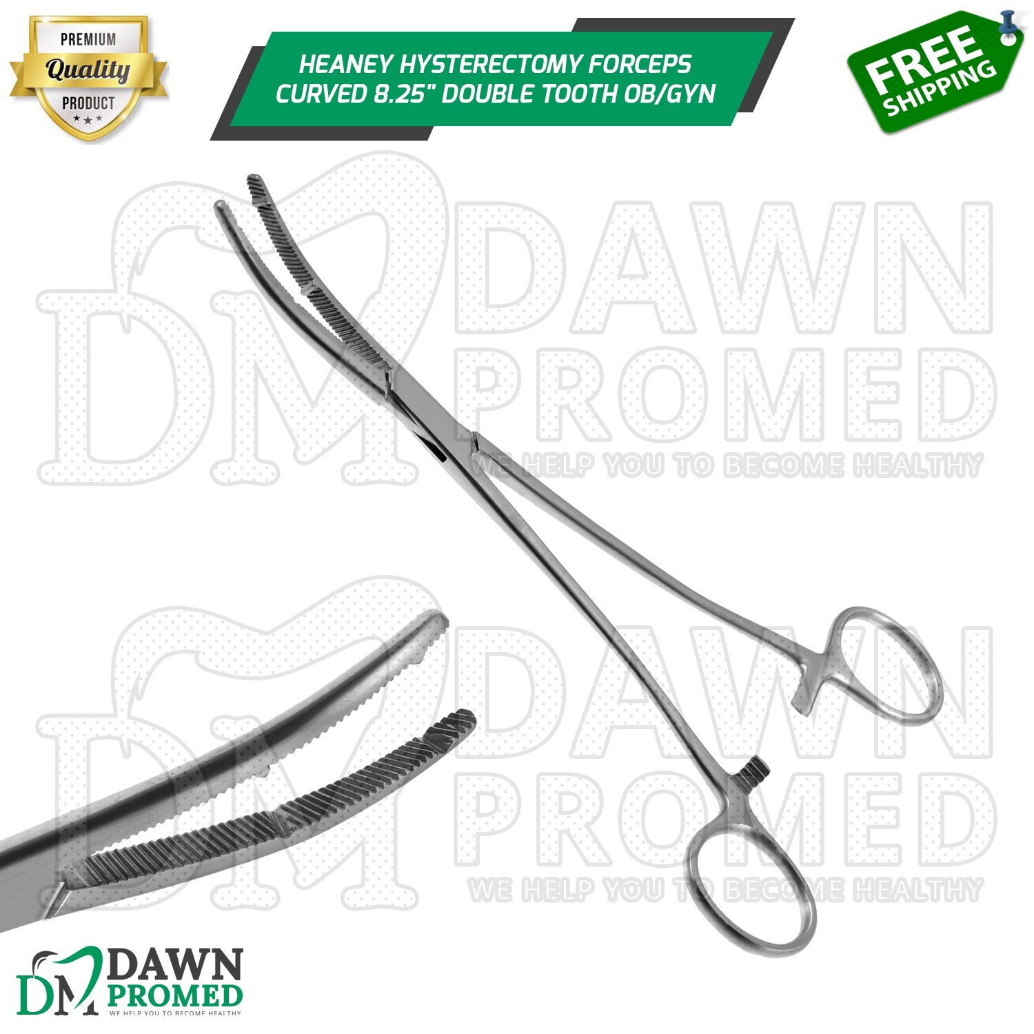 Heaney Hysterectomy Forceps Curved 8.25″ Double Tooth OB/GYN Inst German Grade